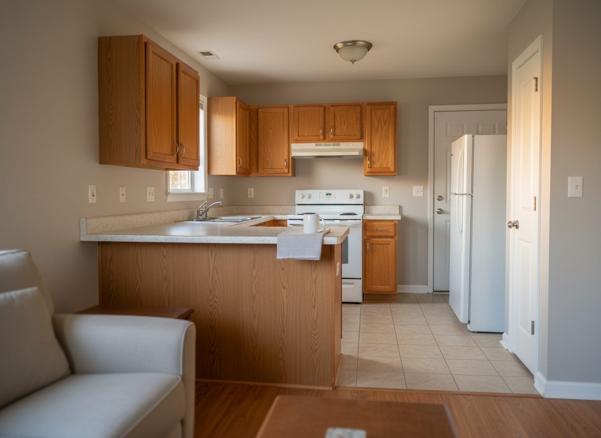 The kitchen from the living room, across the counter