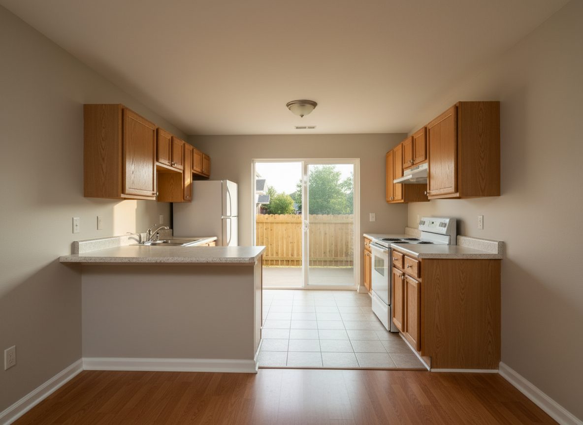 The kitchen from the living room, with the patio door beyond
